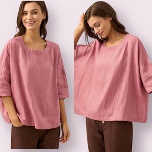 NWT Lintico Aurora 100% Linen Boat Neck Boxy Lagenlook Top Coral Size Medium